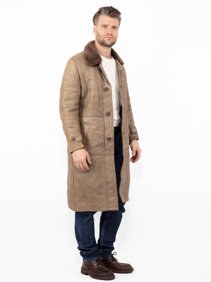 Vintage 70's Men Sheepskin Leather Coat in Beige