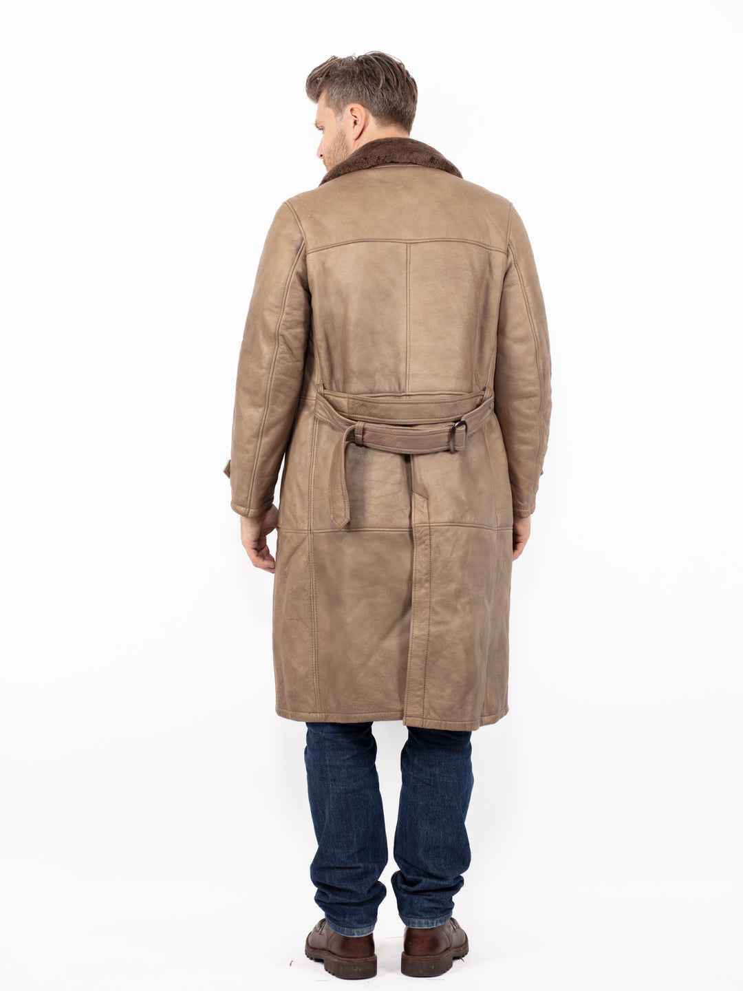 Vintage 70's Men Sheepskin Leather Coat in Beige