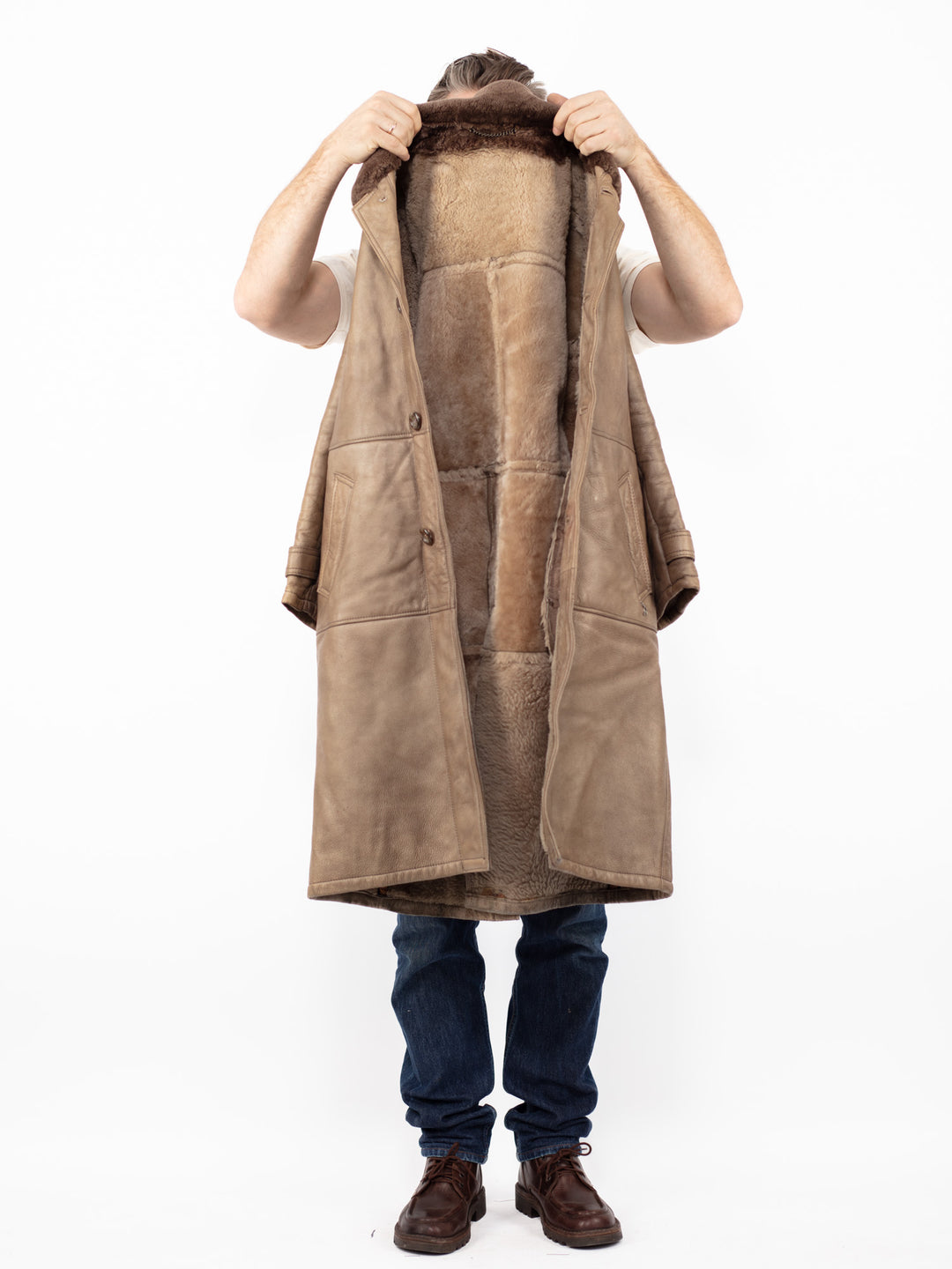 Vintage 70's Men Sheepskin Leather Coat in Beige