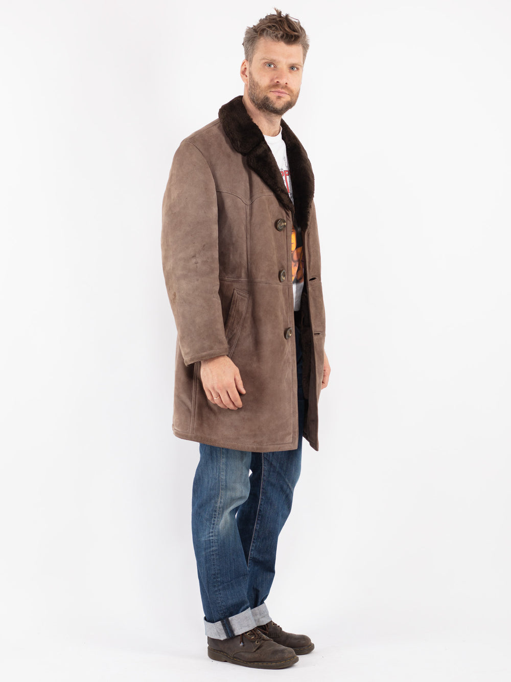 Vintage 70's Men Sheepskin Coat in Beige