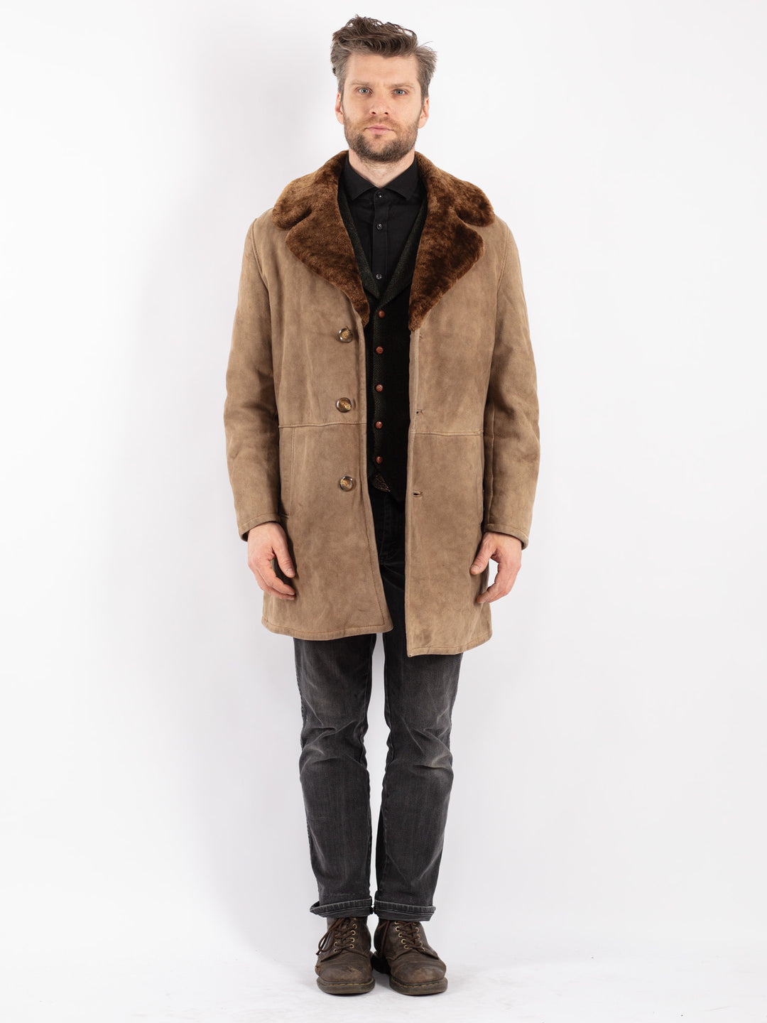 Vintage 70's Men Sheepskin Coat in Beige
