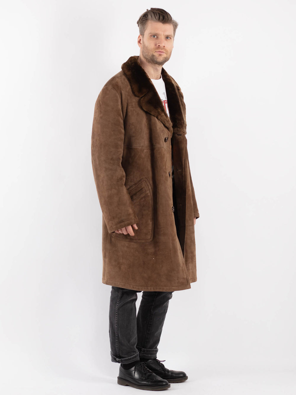 Vintage Men Sheepskin Shearling Coat in Beige