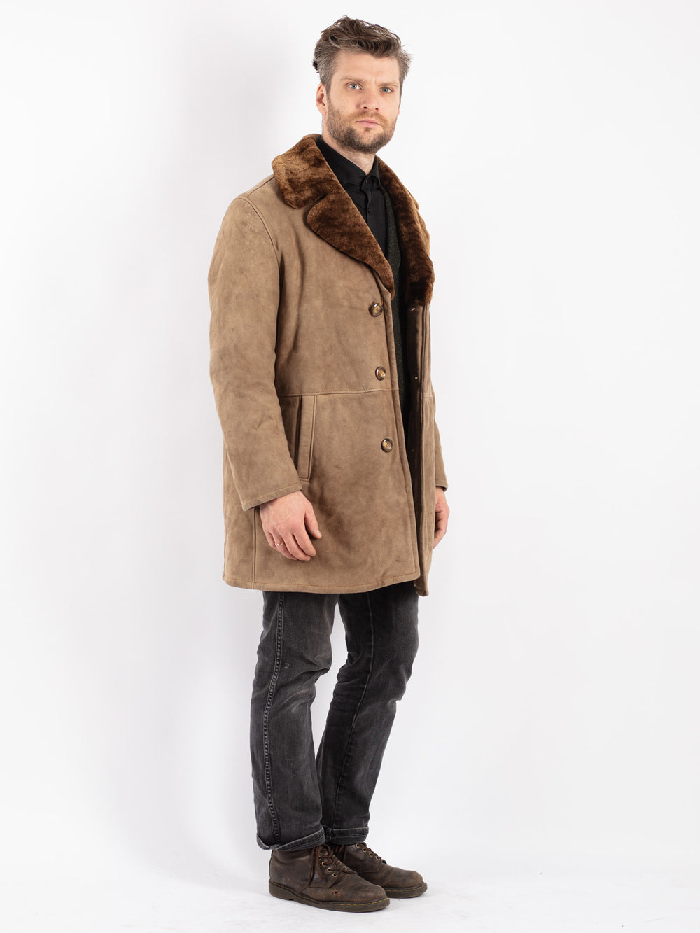 Vintage 70's Men Sheepskin Coat in Beige