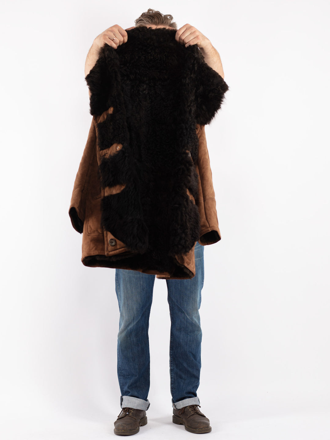 Vintage 70's Men Sheepskin Shearling Coat in Brown