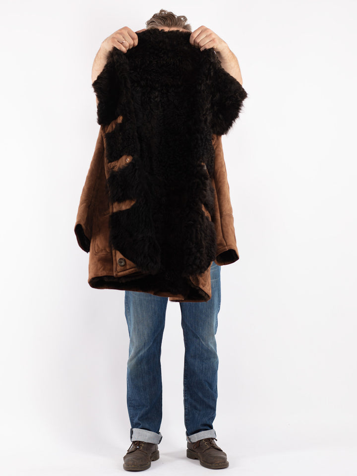 Vintage 70's Men Sheepskin Shearling Coat in Brown