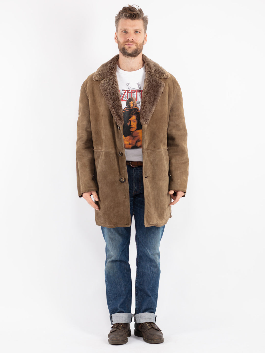 Vintage 70's Men Sheepskin Coat in Beige