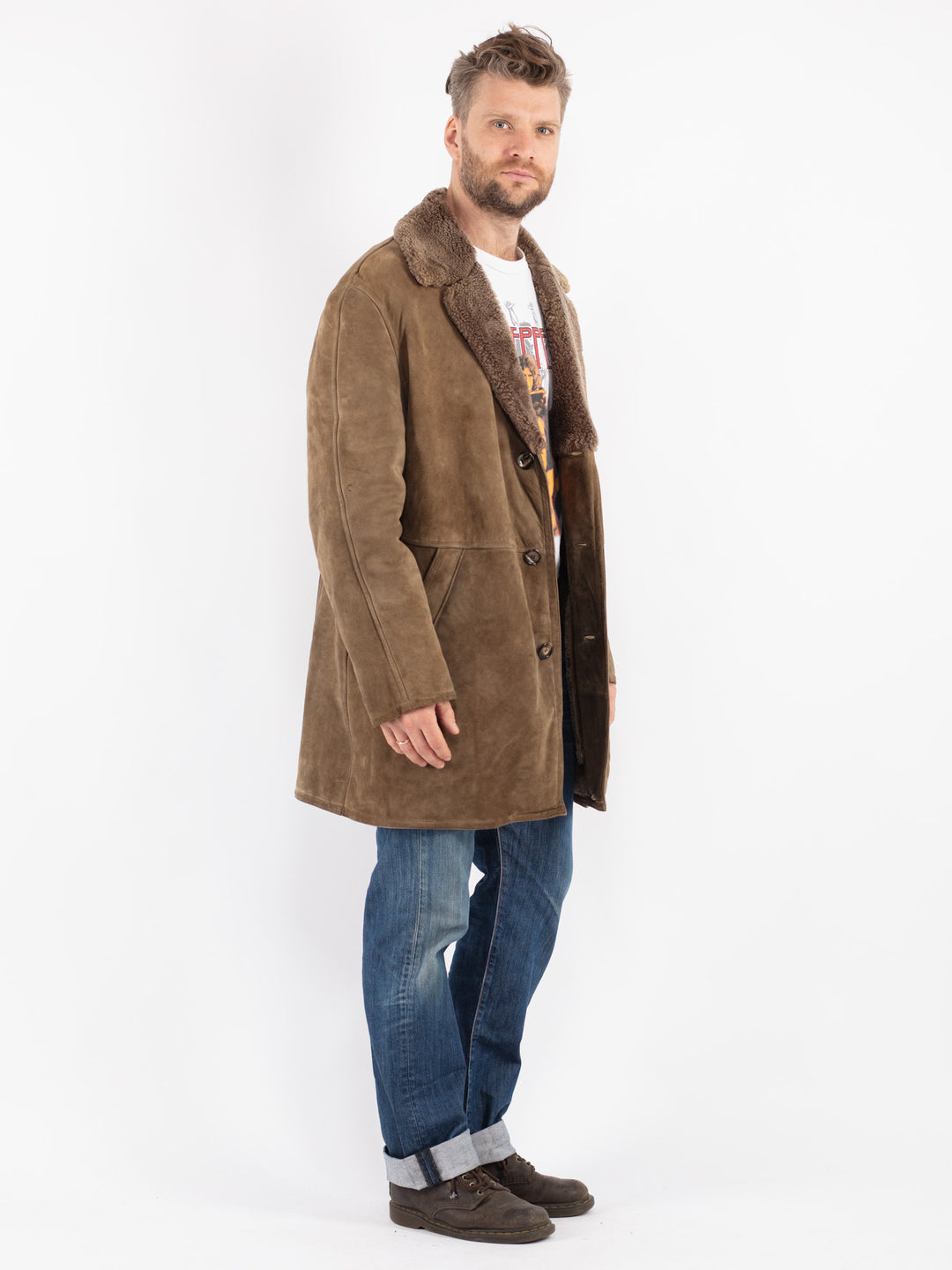 Vintage 70's Men Sheepskin Coat in Beige