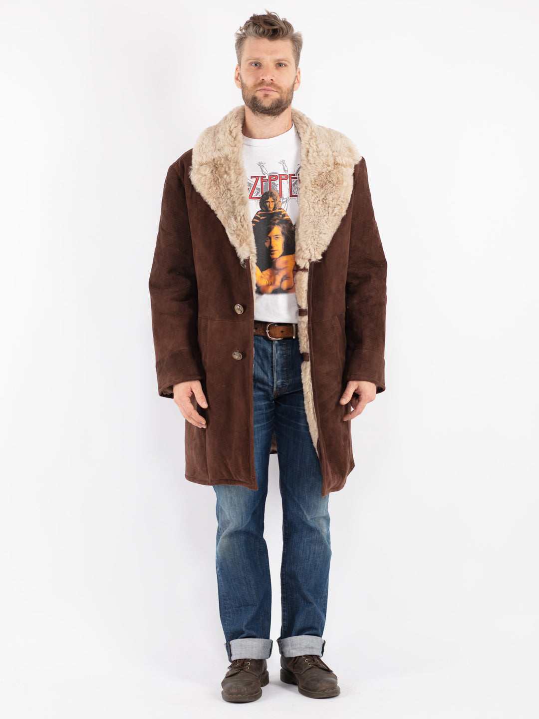 Vintage 70's Men Sheepskin Shearling Coat in Brown