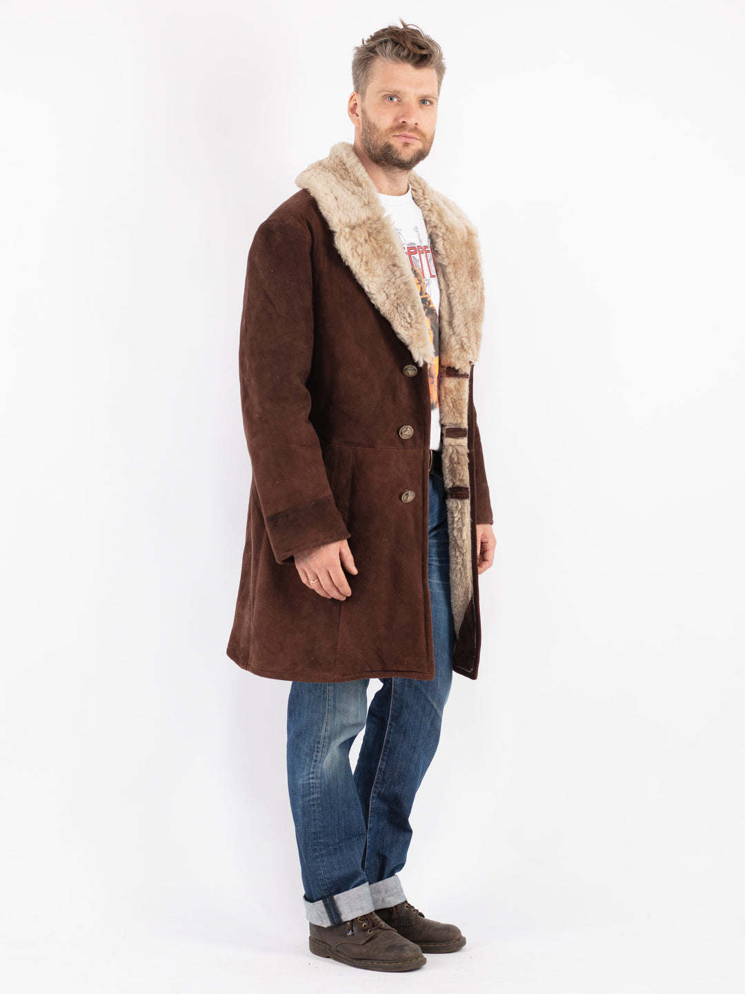 Vintage 70's Men Sheepskin Shearling Coat in Brown