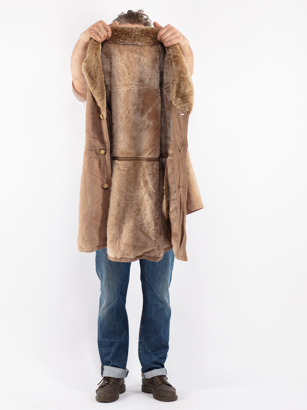 Vintage Men Sheepskin Coat in Beige