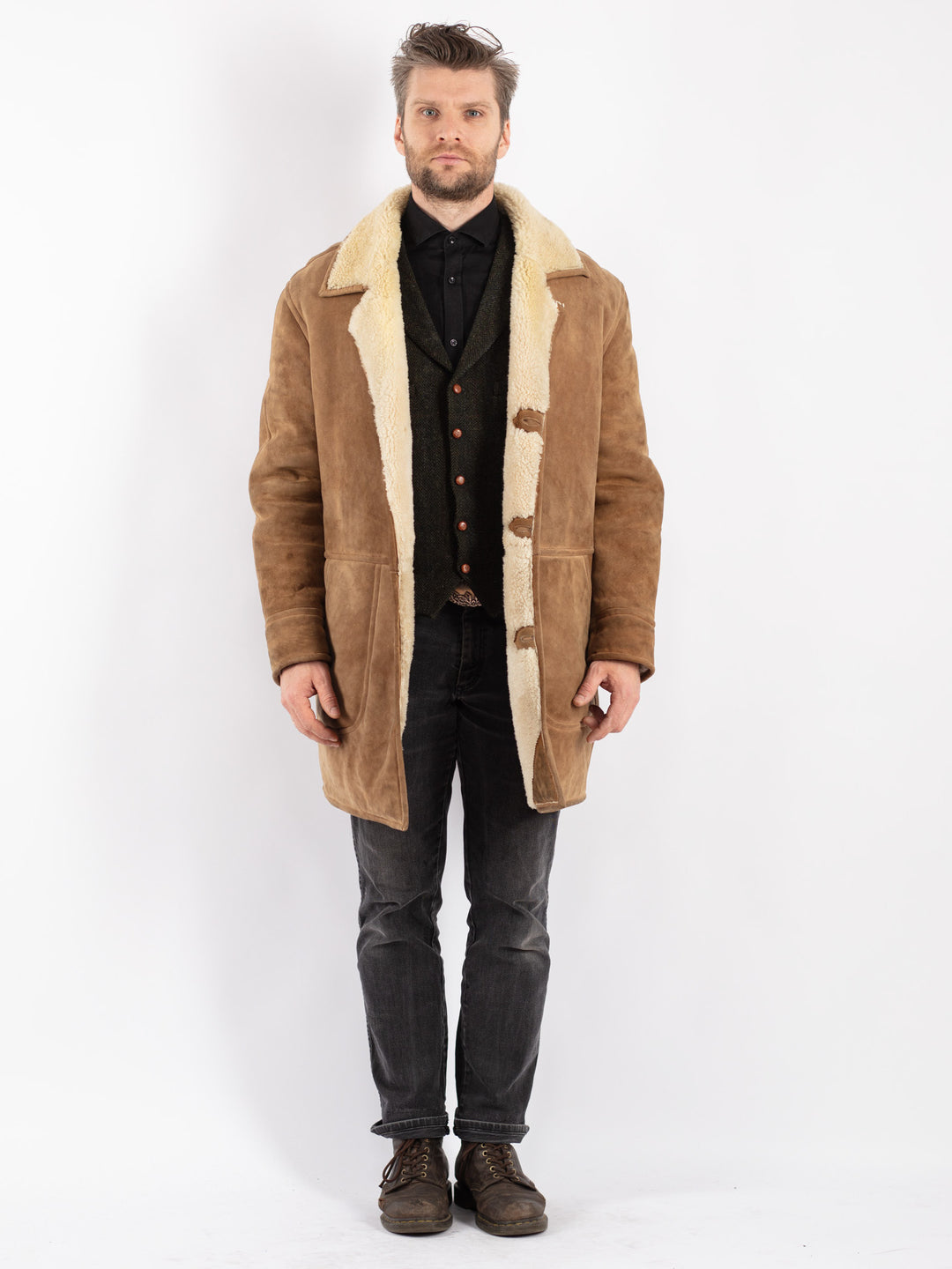 Vintage 70's Men Sheepskin Coat in Beige