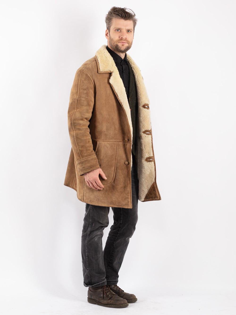 Vintage 70's Men Sheepskin Coat in Beige