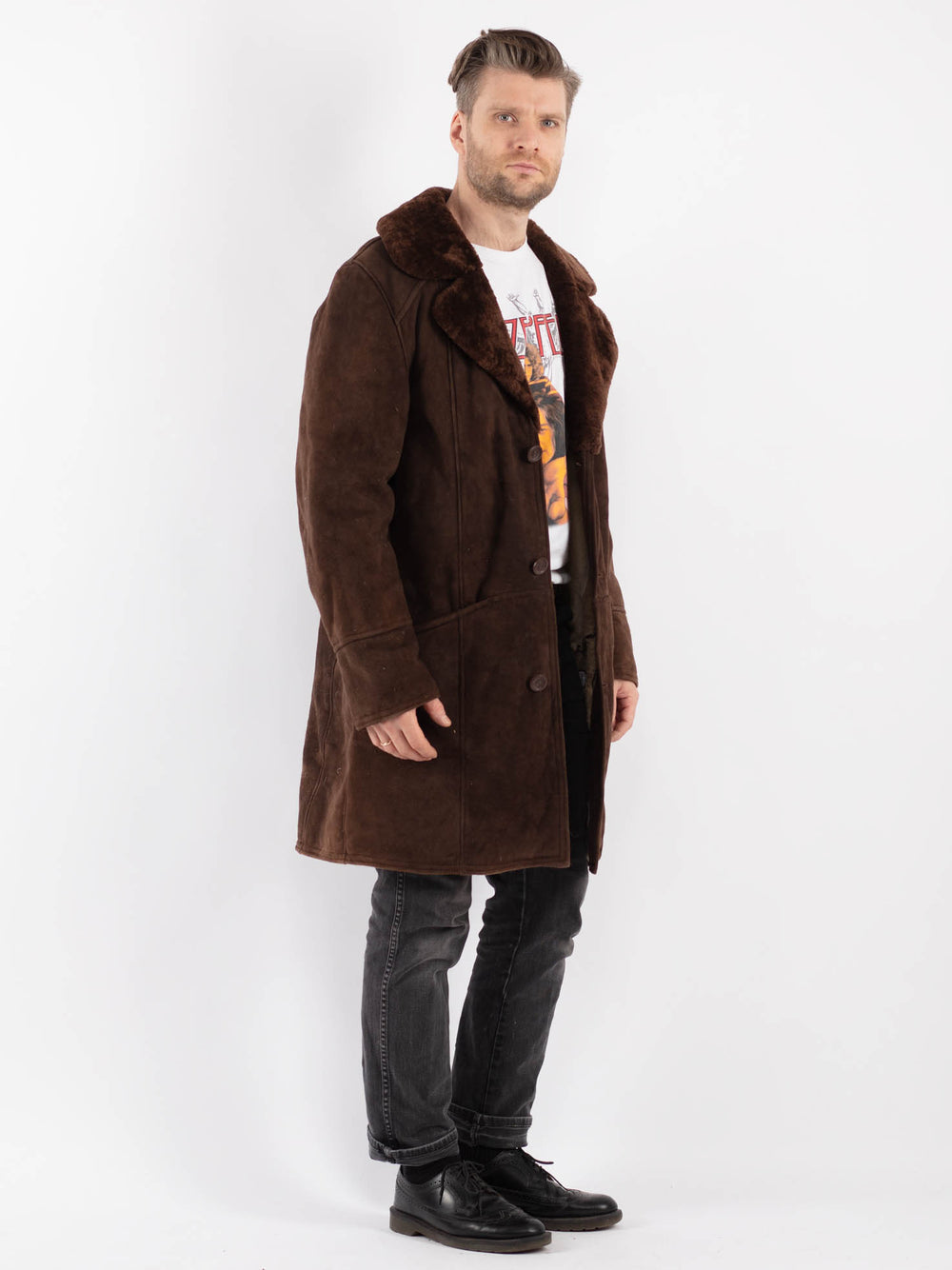 Vintage 70's Men Sheepskin Shearling Coat in Brown