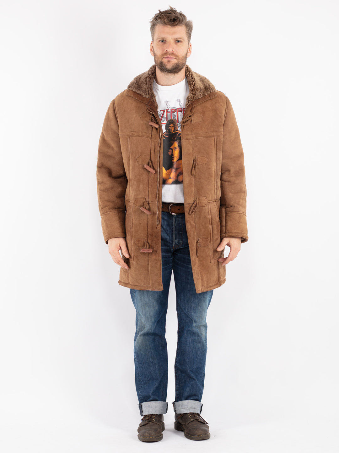 Vintage 70's Men Sheepskin Coat in Beige