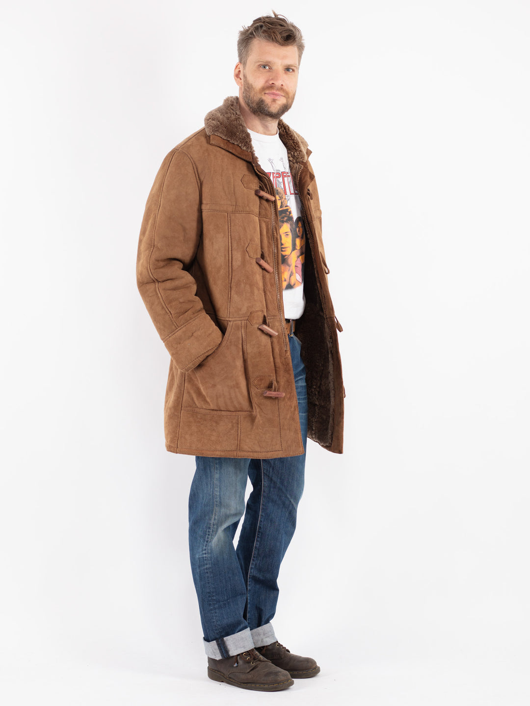 Vintage 70's Men Sheepskin Coat in Beige