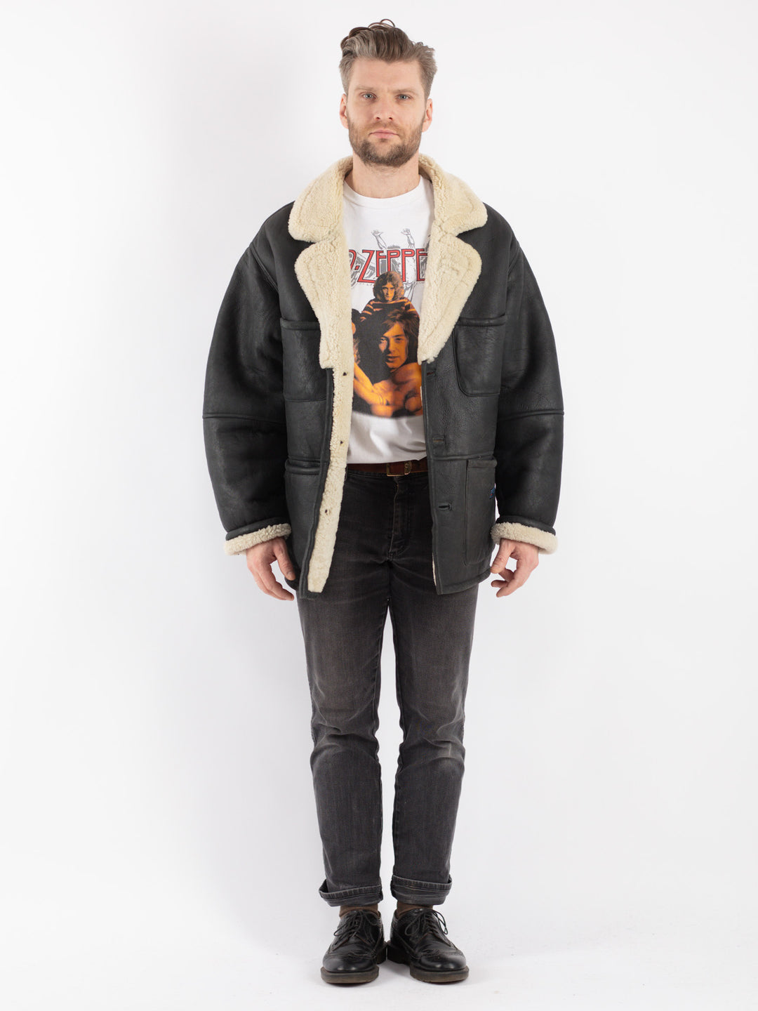 Vintage 70's Men Sheepskin Coat in Black