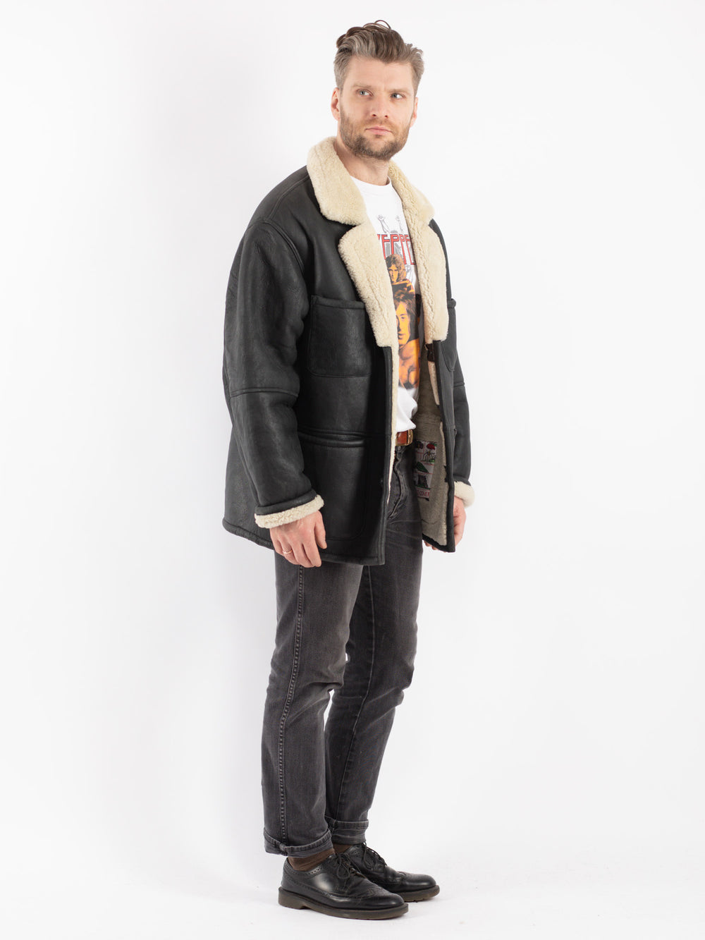 Vintage 70's Men Sheepskin Coat in Black