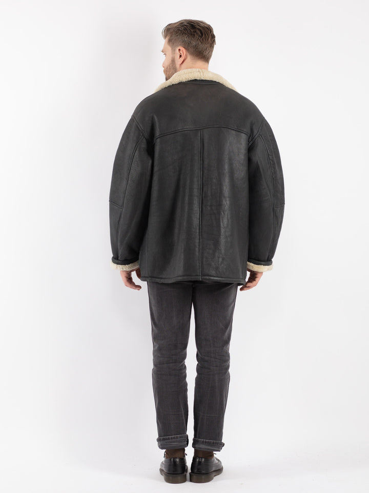Vintage 70's Men Sheepskin Coat in Black