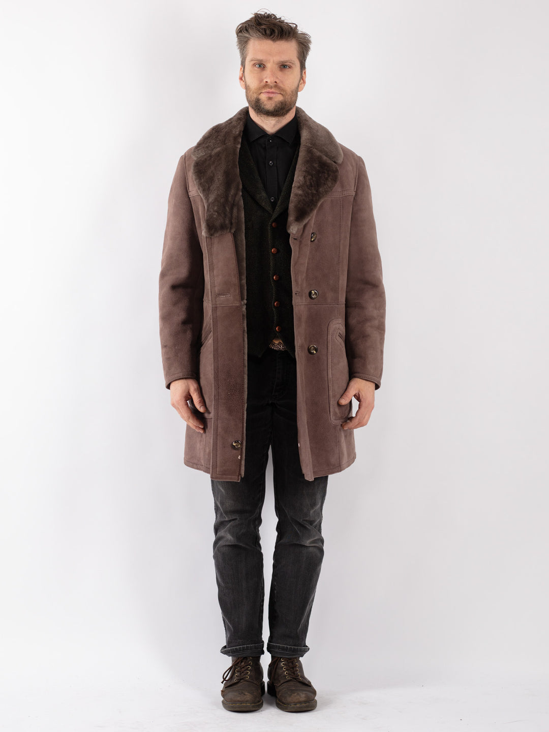 Vintage 70's Men Sheepskin Coat in Brown