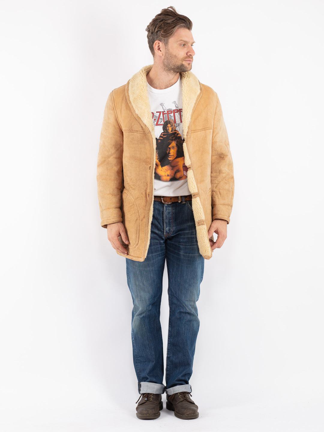 Vintage Men Sheepskin Coat in Beige