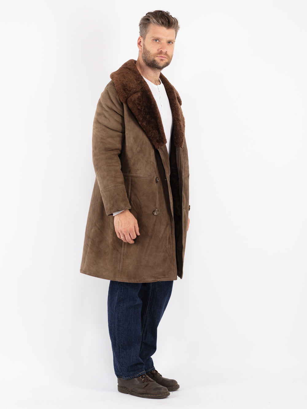 Vintage Men Sheepskin Shearling Coat in Brown