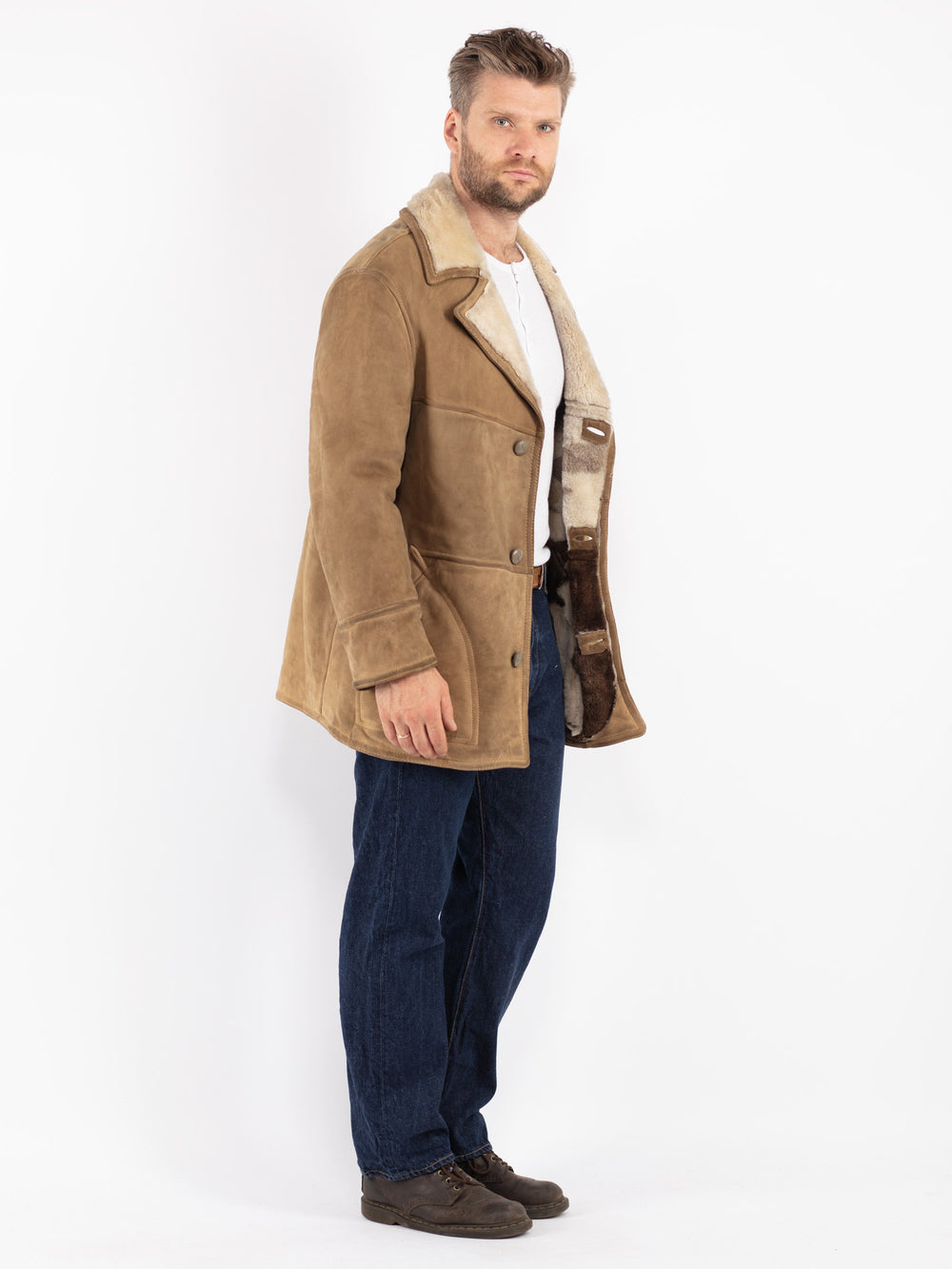 Vintage 70's Men Sheepskin Coat in Beige
