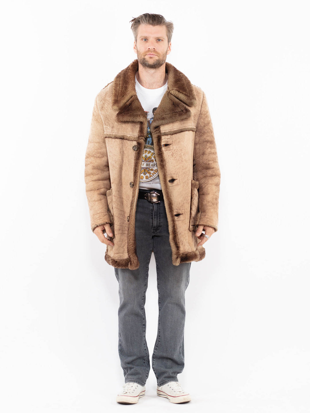 Vintage 70's Men Sheepskin Shearling Coat in BeigeZ2030