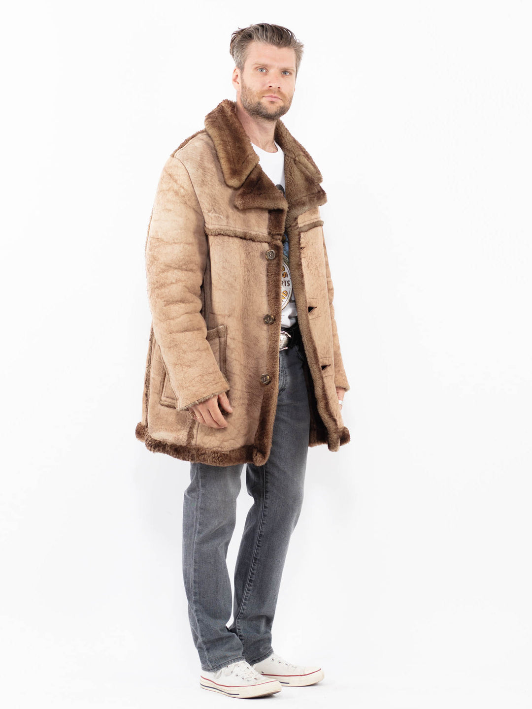 Vintage 70's Men Sheepskin Shearling Coat in BeigeZ2030