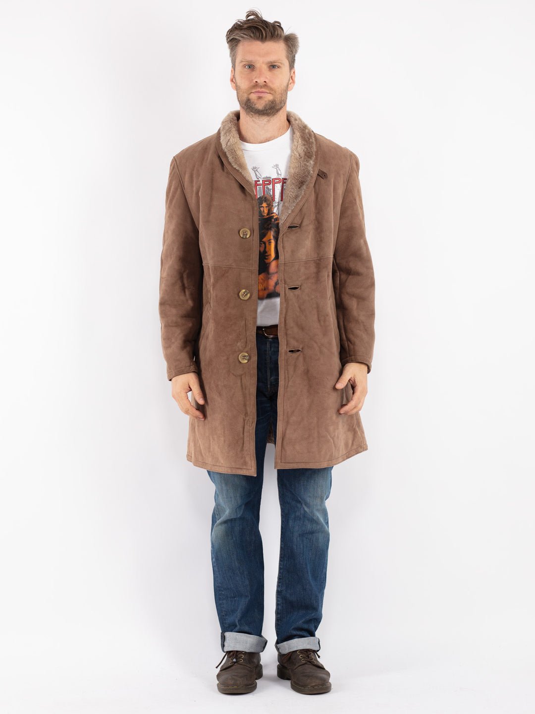 Vintage Men Sheepskin Coat in Beige