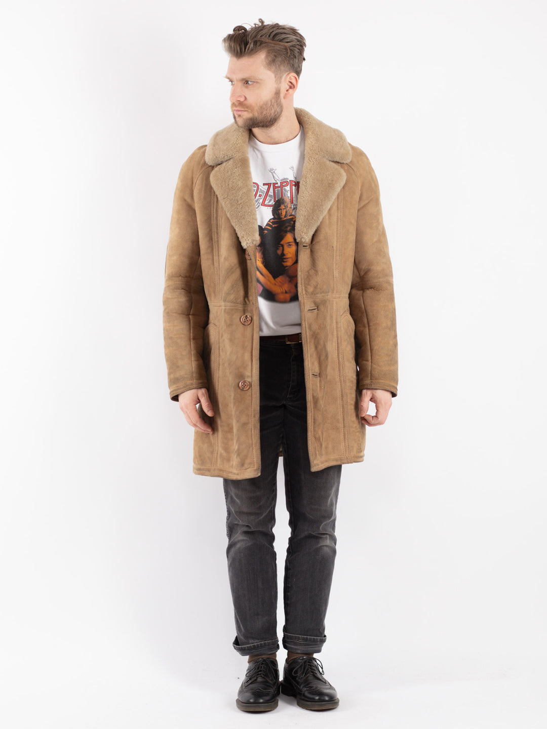 Vintage 70's Men Sheepskin Coat in Beige