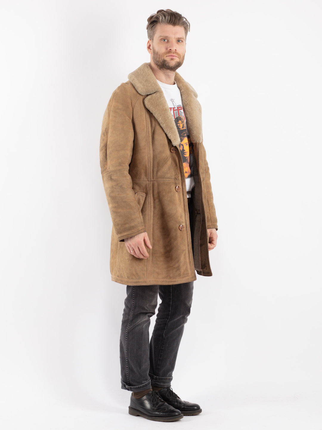 Vintage 70's Men Sheepskin Coat in Beige
