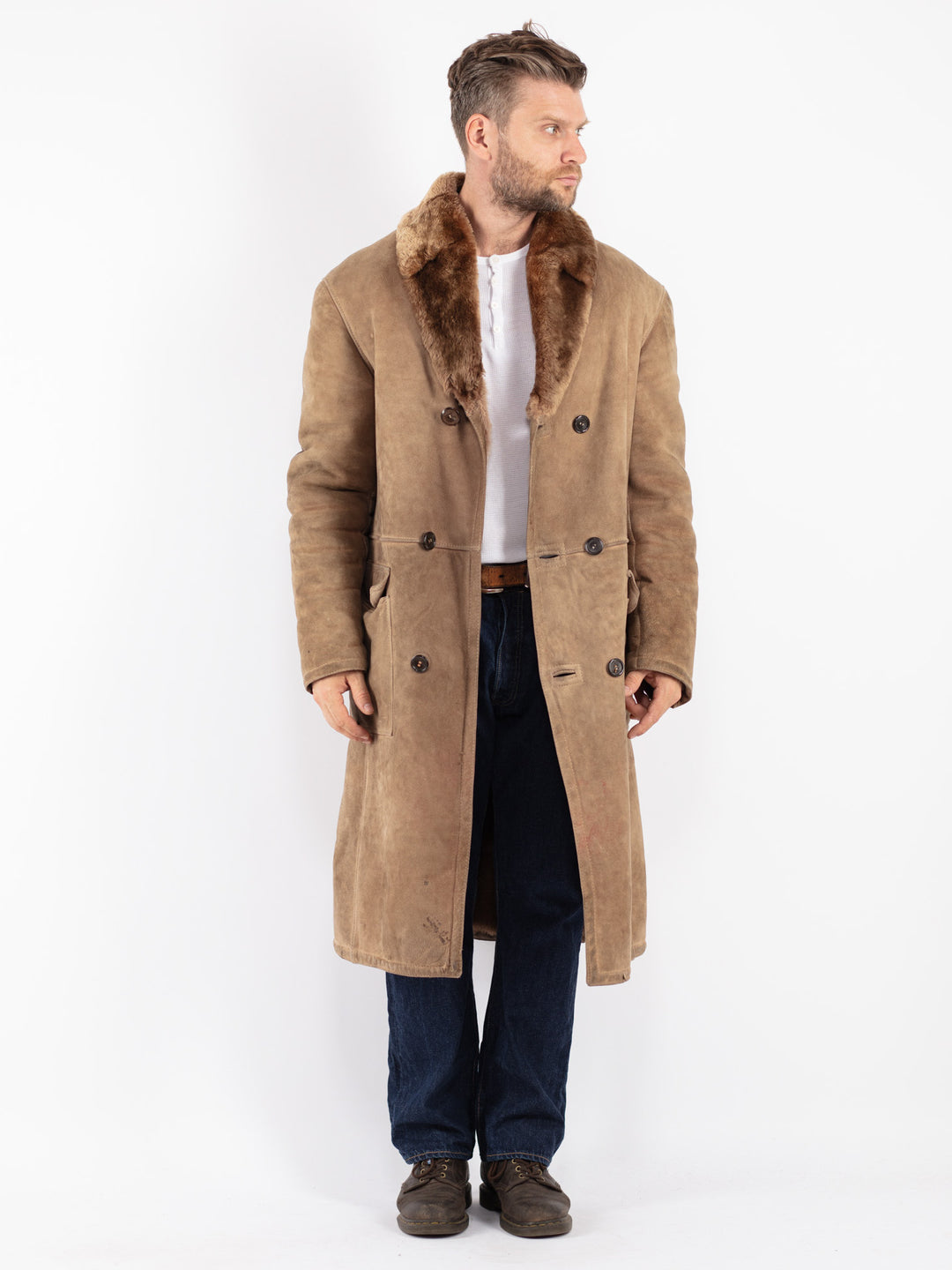 Vintage 70's Men Sheepskin Coat in Beige