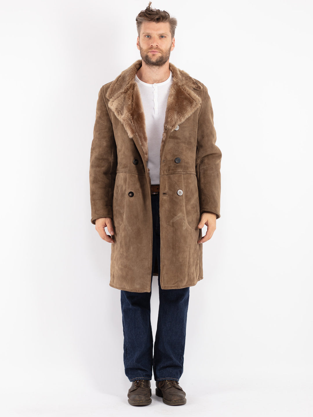 Vintage 70's Men Sheepskin Coat in Beige