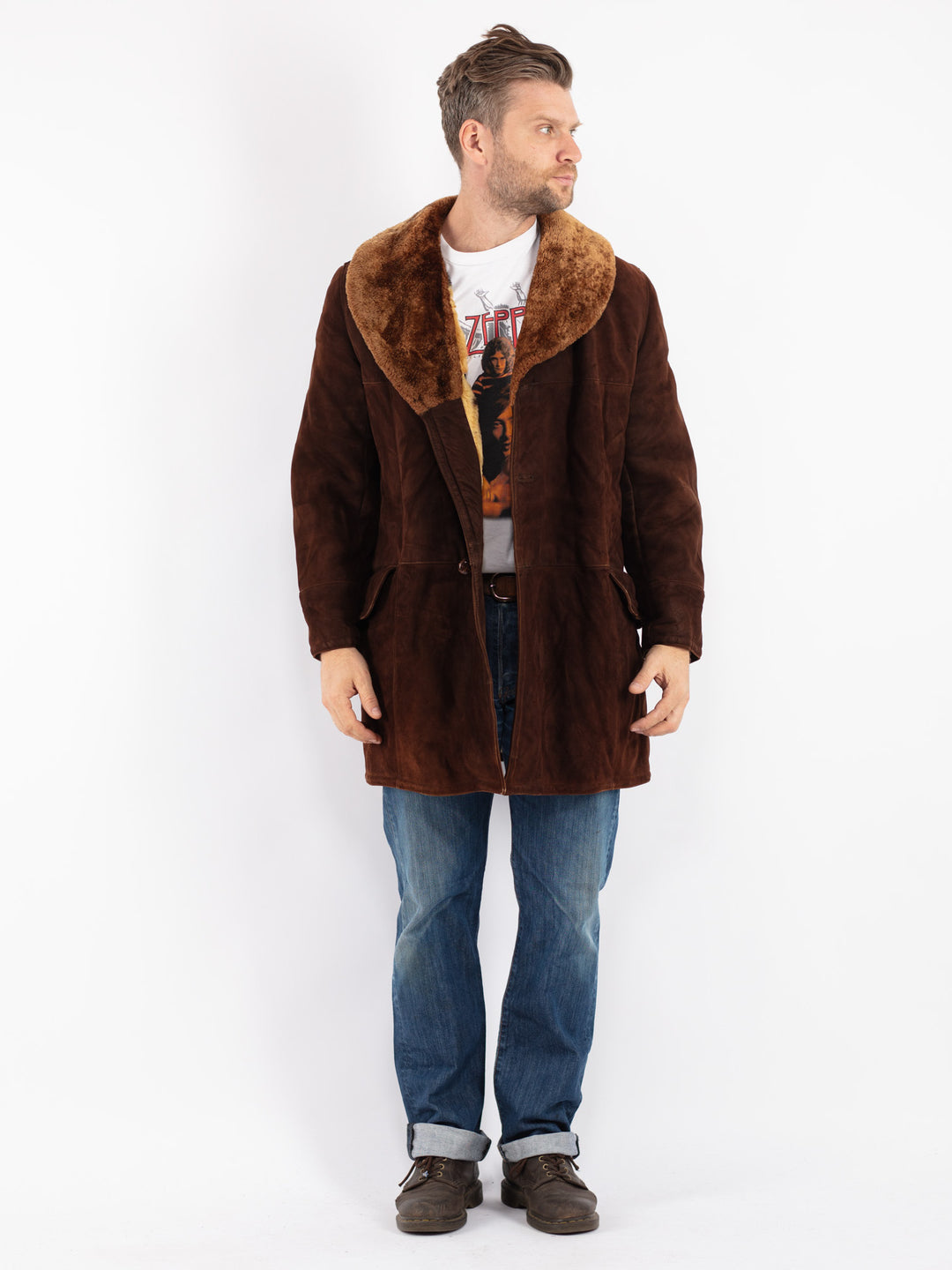 Vintage Men Sheepskin Coat in Brown