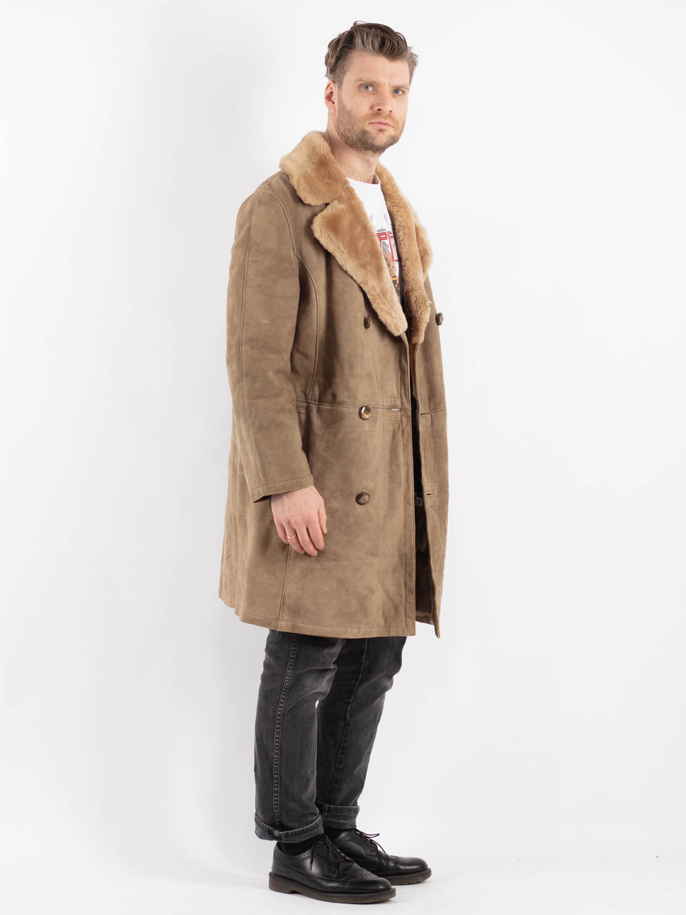 Vintage 70's Men Sheepskin Coat in Beige
