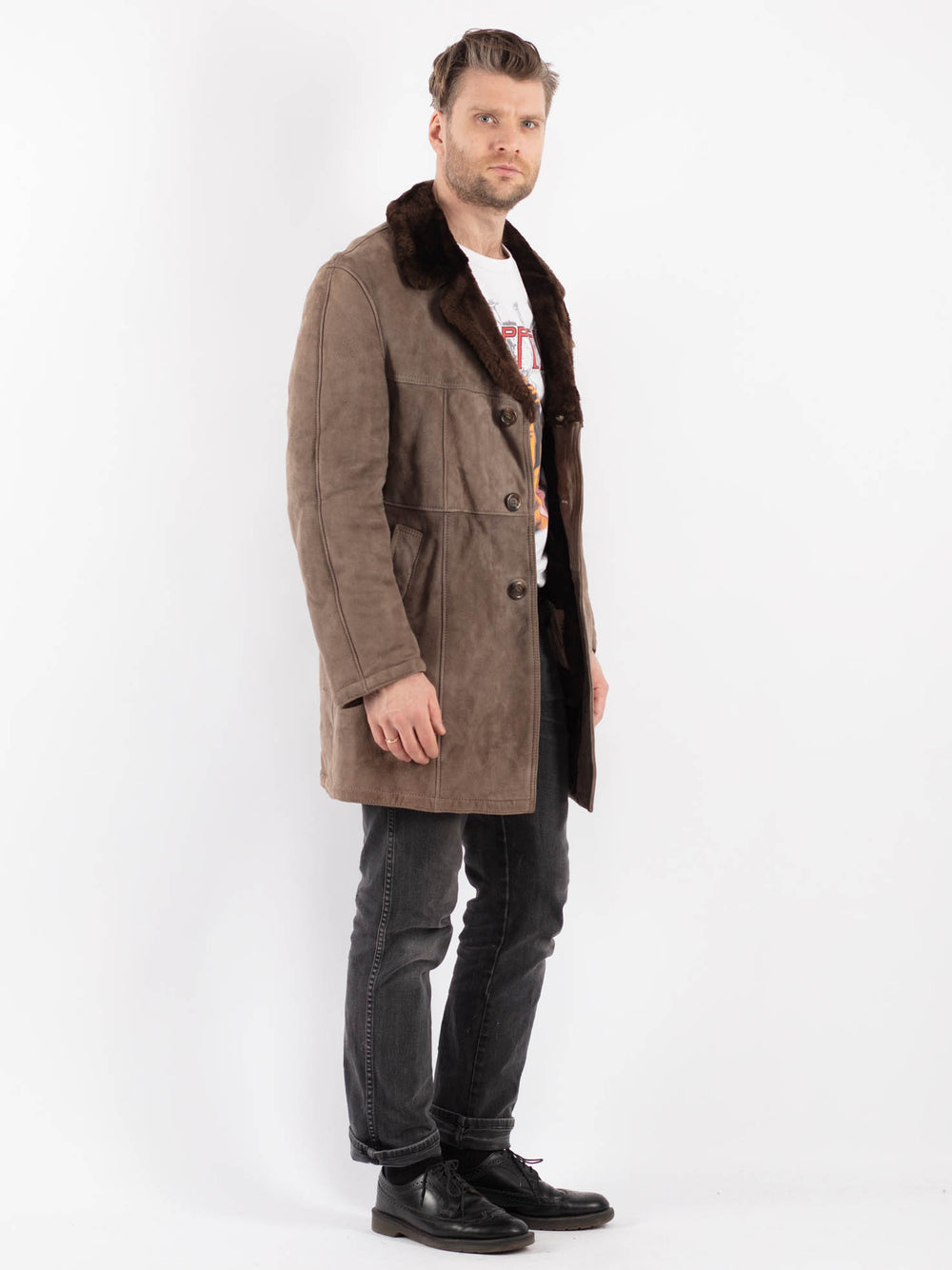 Vintage 70's Men Sheepskin Coat in Beige