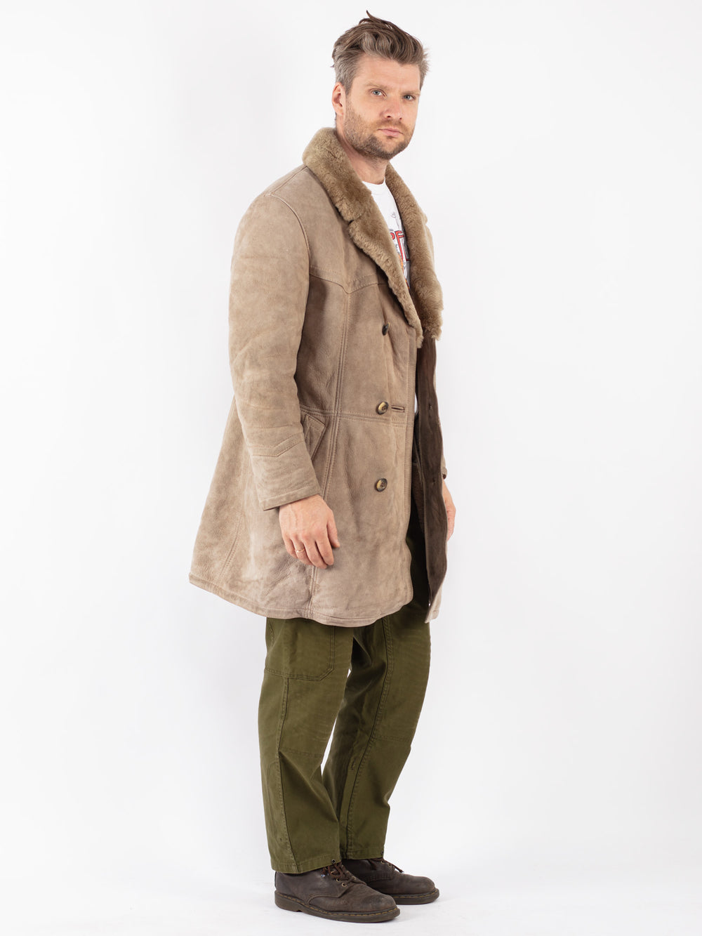 Vintage Men Sheepskin Coat in Beige