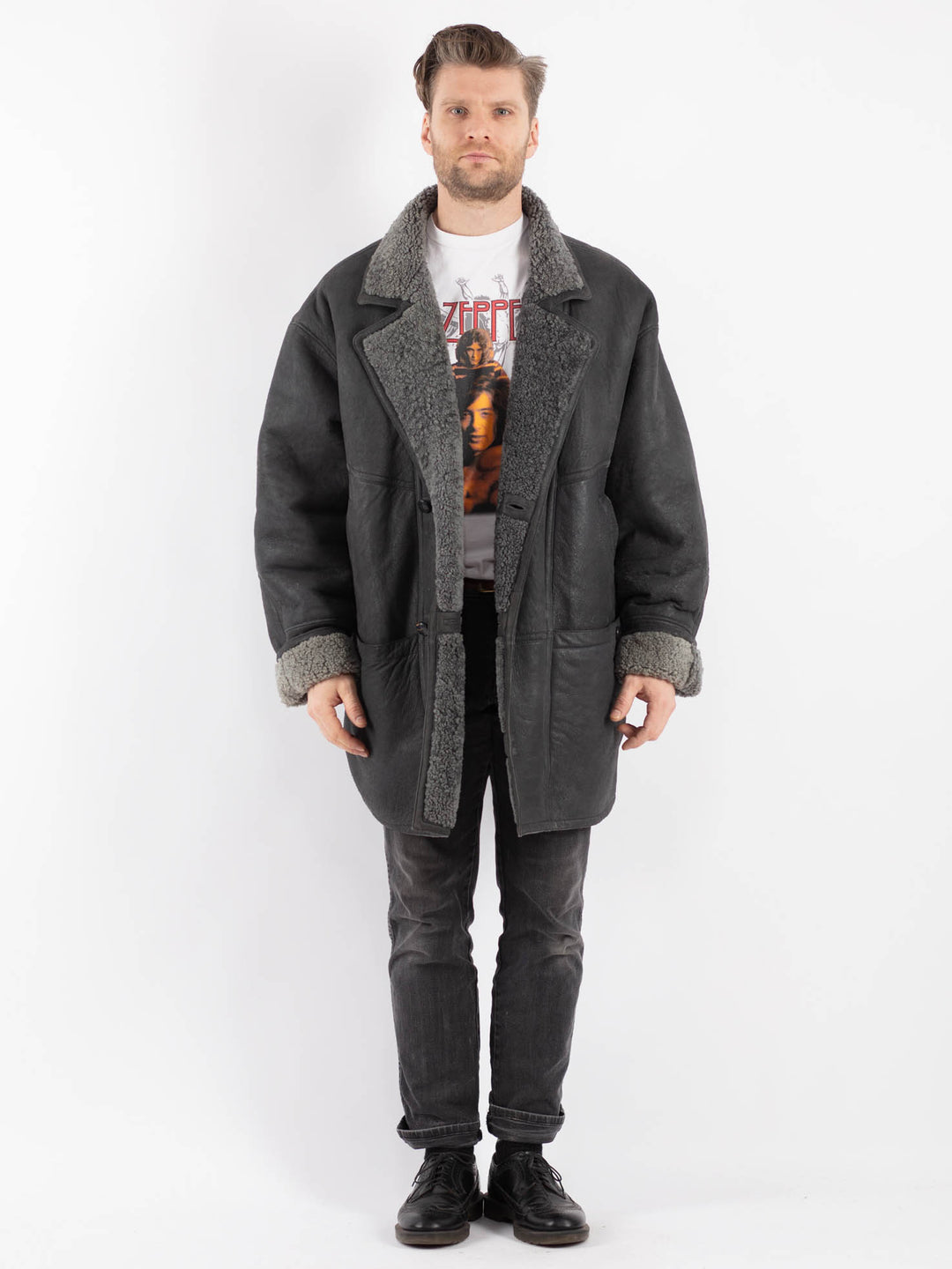 Vintage 70's Men Sheepskin Coat in Gray