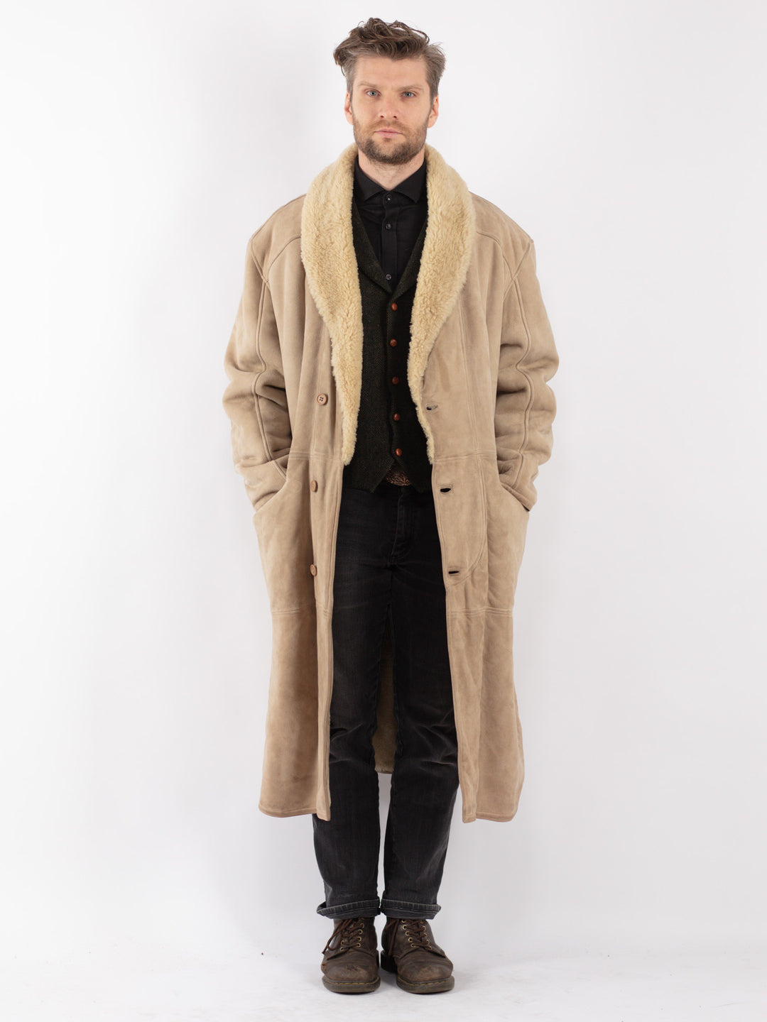 Vintage 70's Men Sheepskin Coat in Beige