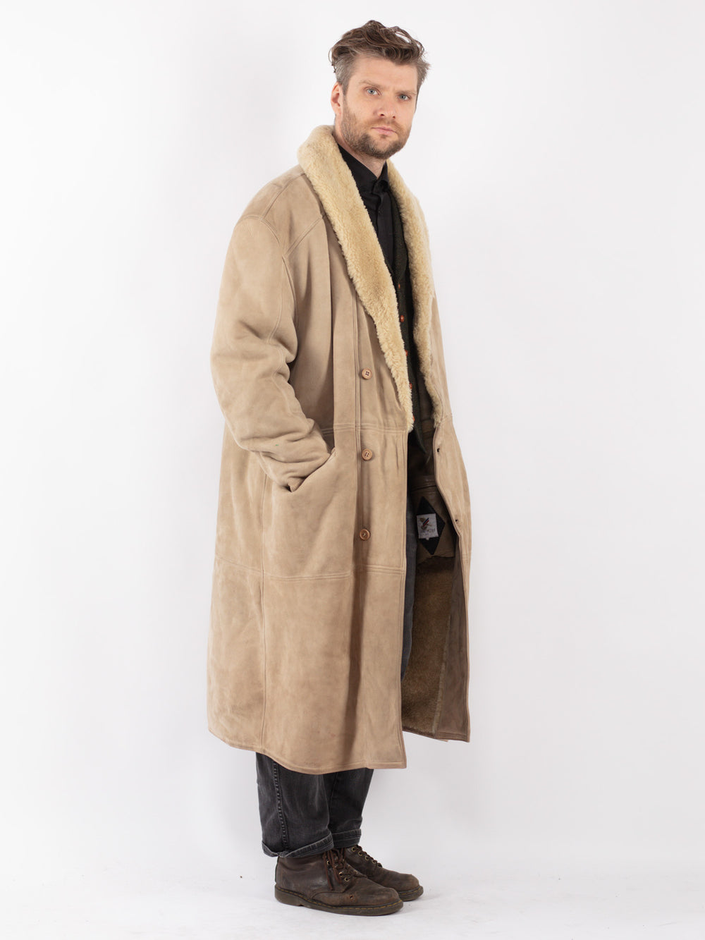 Vintage 70's Men Sheepskin Coat in Beige