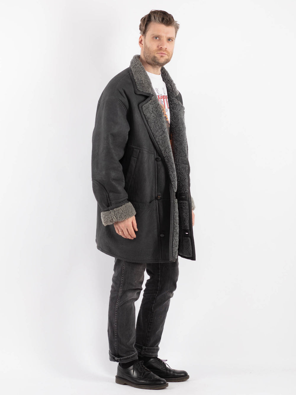 Vintage 70's Men Sheepskin Coat in Gray