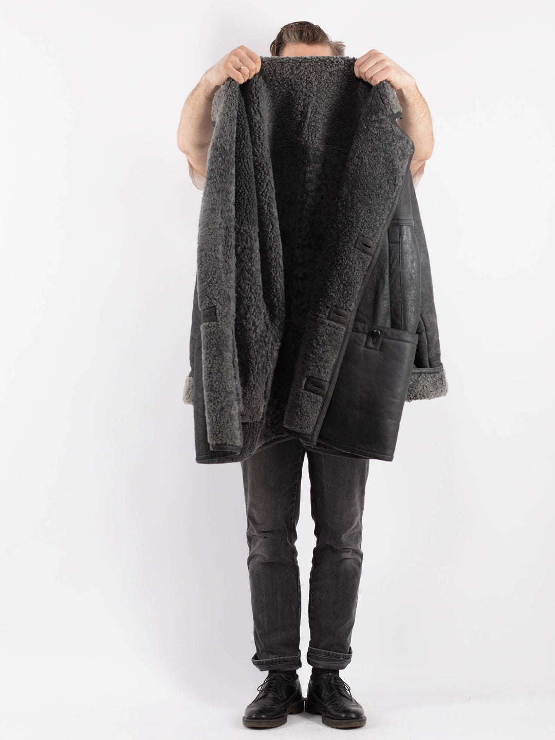 Vintage 70's Men Sheepskin Coat in Gray