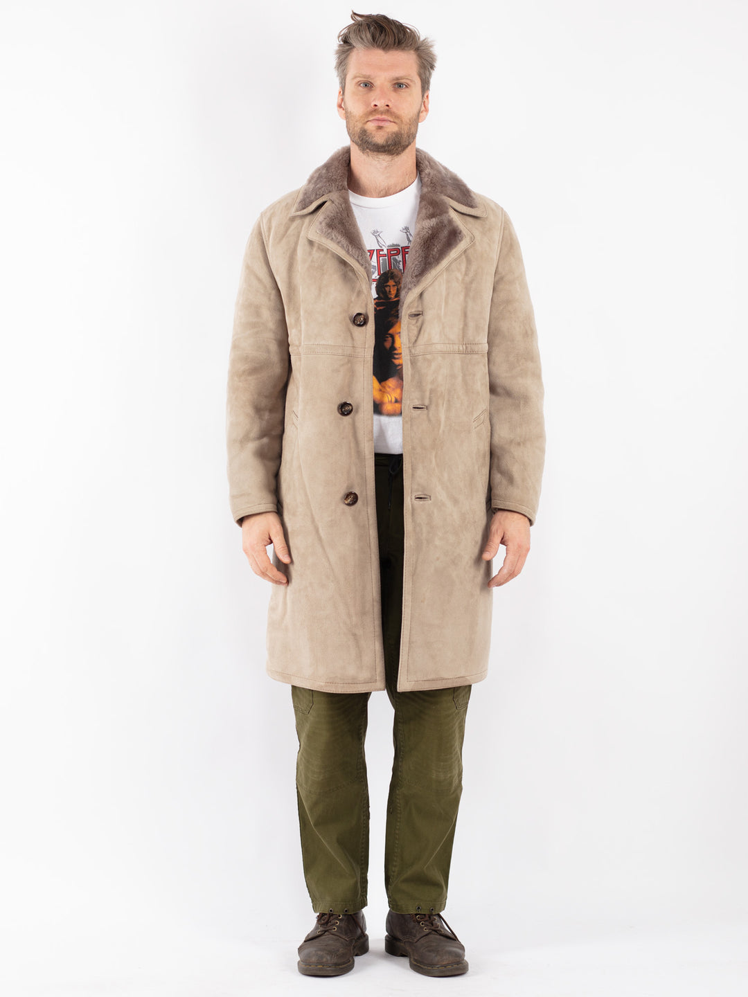 Vintage Men Sheepskin Coat in Black