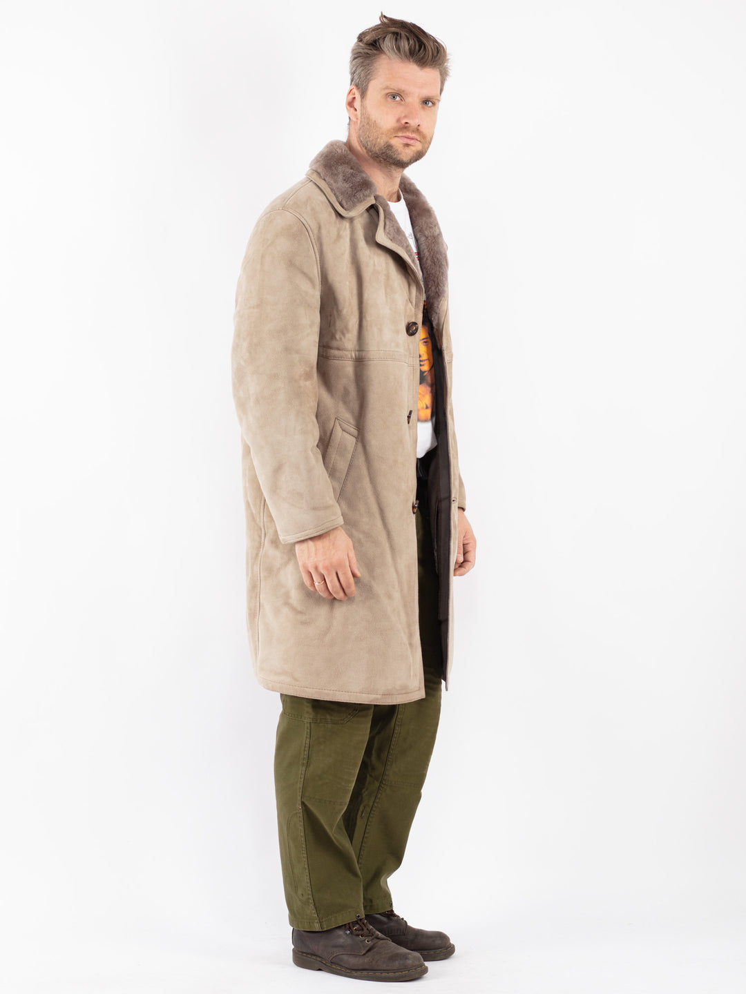 Vintage Men Sheepskin Coat in Black