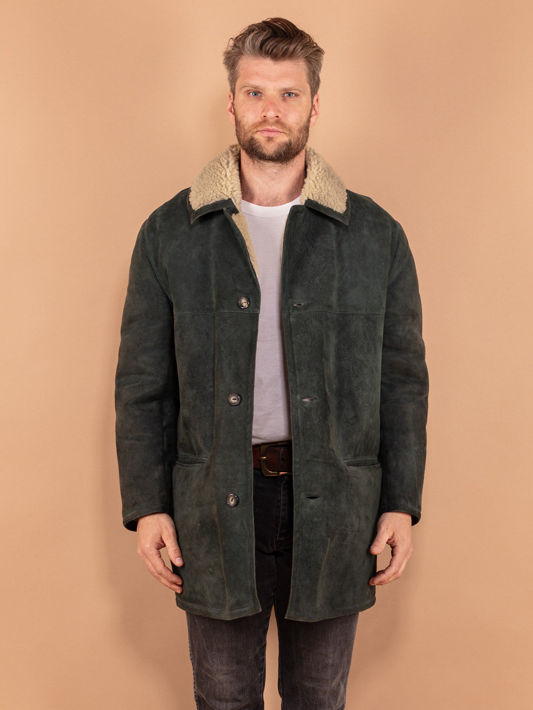 Vintage 70's Men Sheepskin Coat in Green