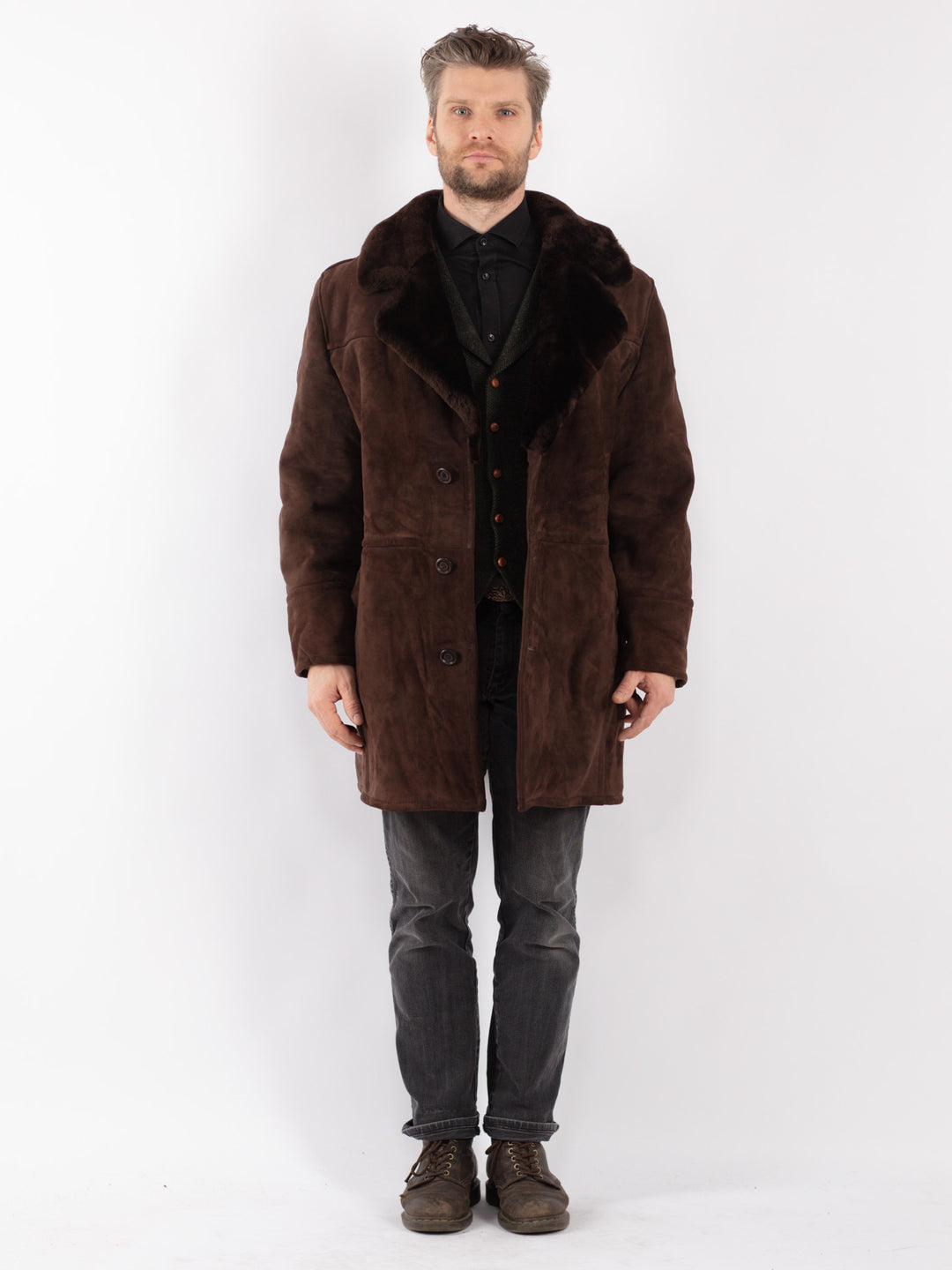 Vintage 70's Men Sheepskin Shearling Coat in Brown