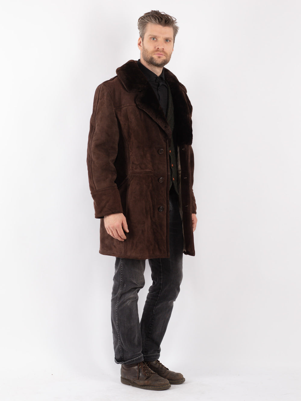 Vintage 70's Men Sheepskin Shearling Coat in Brown