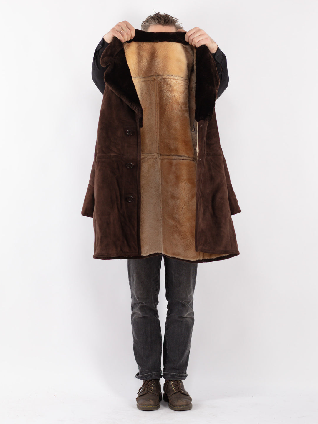 Vintage 70's Men Sheepskin Shearling Coat in Brown