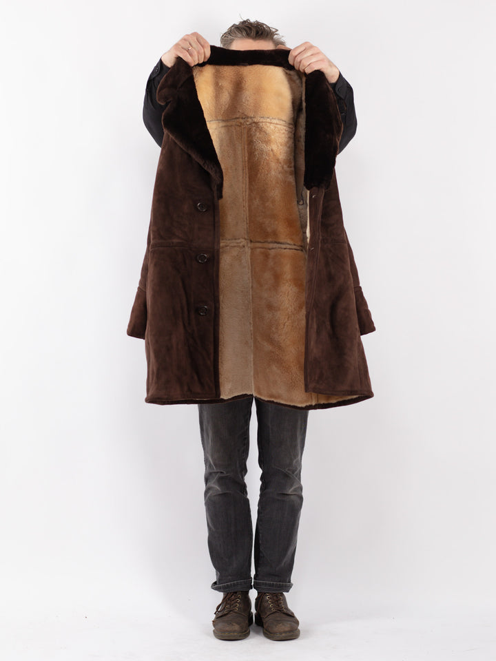 Vintage 70's Men Sheepskin Shearling Coat in Brown