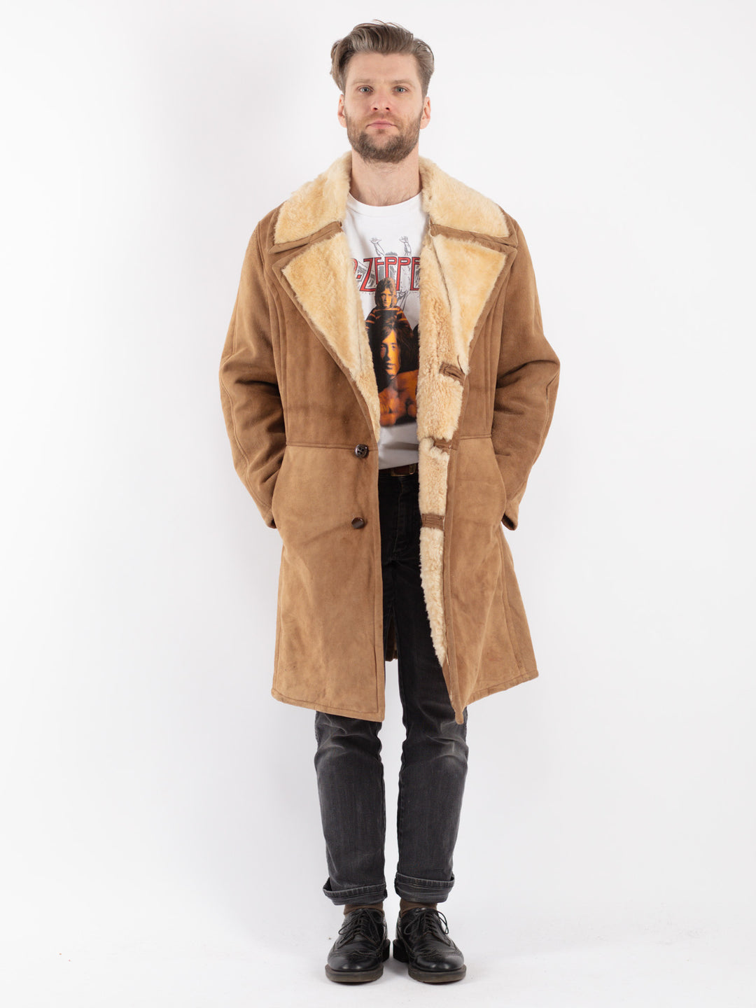 Vintage 70's Men Sheepskin Coat in Beige